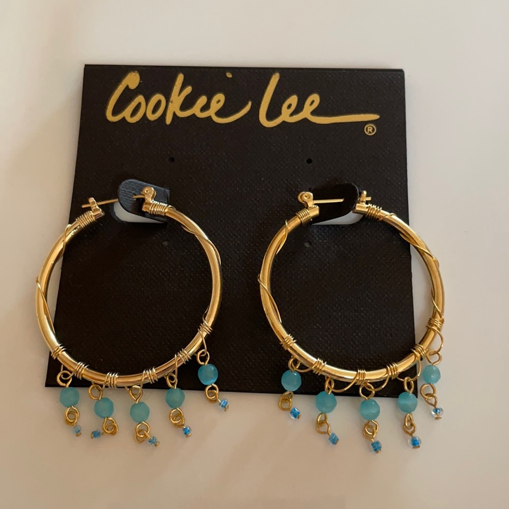 Cookie Lee- gold/teal hoop earrings